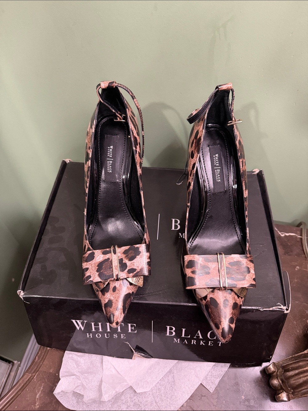 White House Black Market Leopard Print Pointed Toe Pumps with Ankle Strap